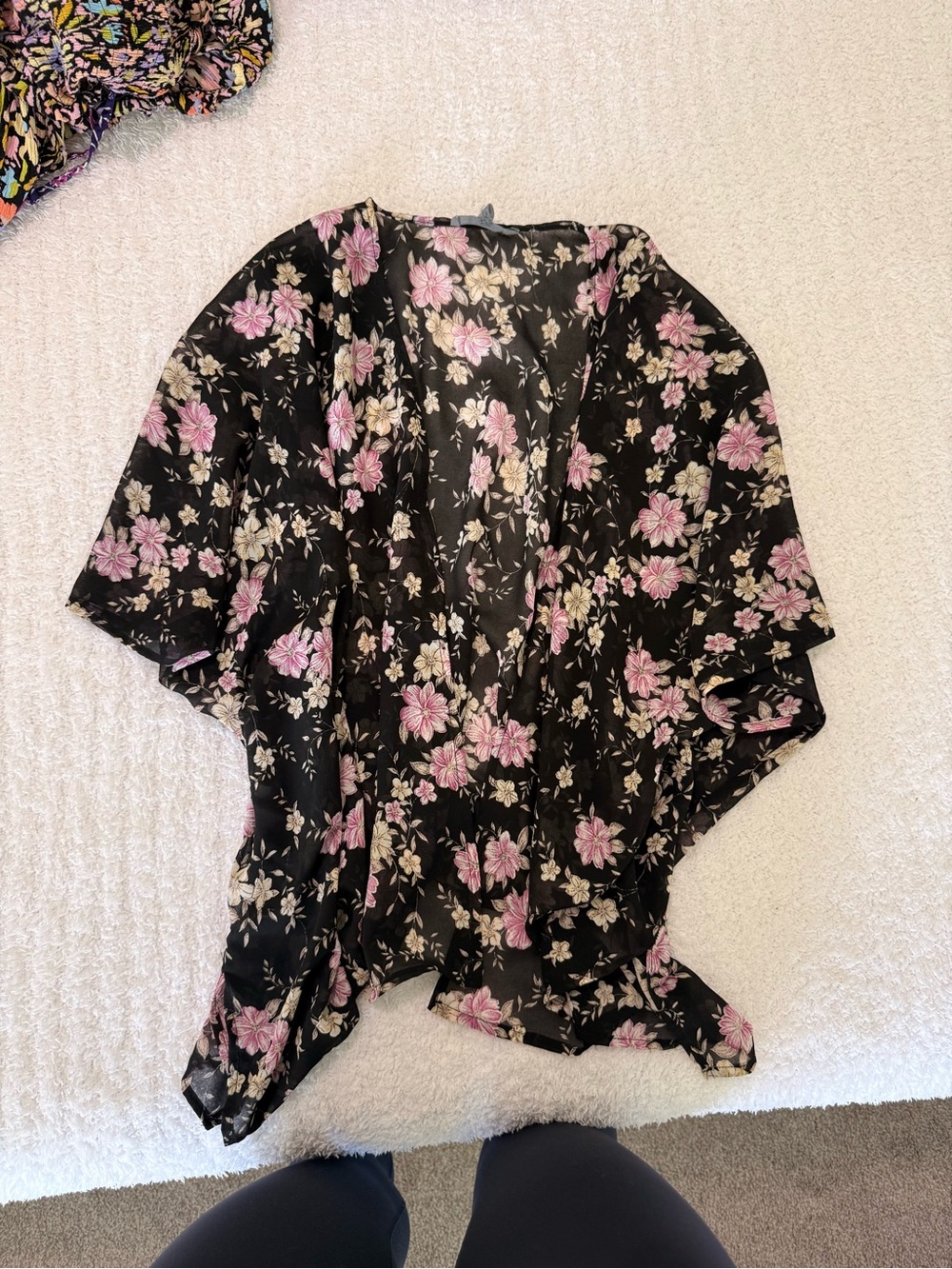 Black Floral Kimono Tunic with Pink Blossoms